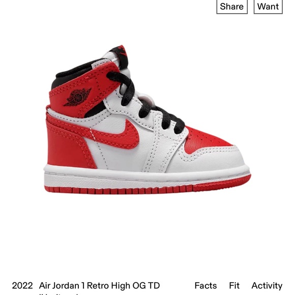Air Jordan 1 Retro High OG TD
Facts Fit Activity
'Heritage' size 3c - Picture 1 of 4